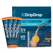 DripDrop front packaging showing orange packets and benefit of quick hydration