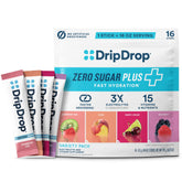 DripDrop pack frontal mostrando 16 sobres y variedad de sabores, portátil y conveniente