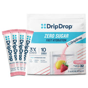 DripDrop front packaging showing Strawberry Lemonade flavor and 32-count convenience