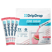 DripDrop front packaging showing 32 sugar free watermelon sticks and clear benefits