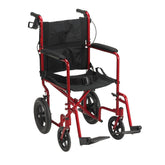Drive Medical front view showing compact red frame and easy transport benefits