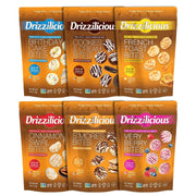 Drizzilicious empaque frontal mostrando seis sabores y beneficios bajos en calorías