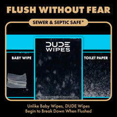 DUDE Wipes comparación de tamaño junto a un rollo de papel para cubrir más superficie
