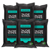 DUDE Wipes paquete frontal mostrando 108 unidades y conveniencia de viaje