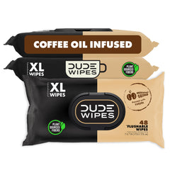 DUDE Wipes paquete Morning Grind al frente mostrando 144 unidades y aroma a café