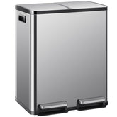 DUMOS dual trash can front view showing sleek stainless finish and compact footprint benefiting kitchen organization
