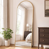 DUMOS full front view gold arched mirror shows elegant full-body benefit