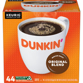 Dunkin’ front of box showing 44-count and brand benefit convenience