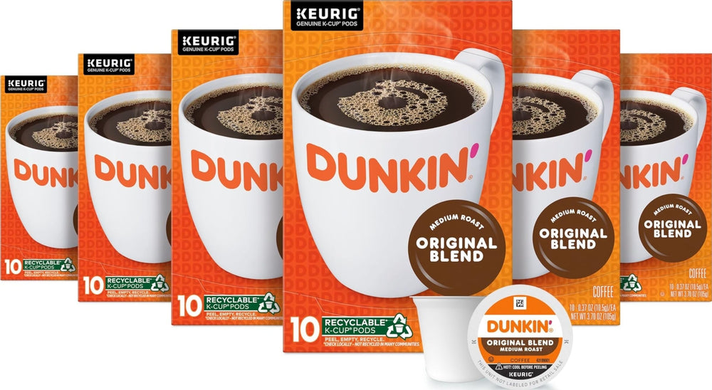 Dunkin' box front showing branding and 60-count pack, convenient pantry supply