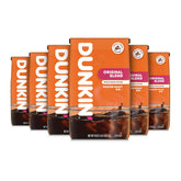 Dunkin' front packaging shows six 18oz bags and clear brand benefit