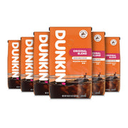 Dunkin' front packaging shows six 18oz bags and clear brand benefit
