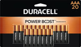 DURACELL paquete frontal de 20 pilas AAA mostrando marca y cantidad, confiabilidad inmediata