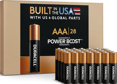 Duracell Coppertop paquete frontal mostrando 28 pilas y beneficios de almacenamiento