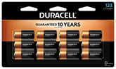 Duracell CR123A front pack showing 12-count and branding for dependable storage