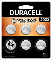 Duracell CR2032 front packaging shows 6-pack and safety features for secure storage