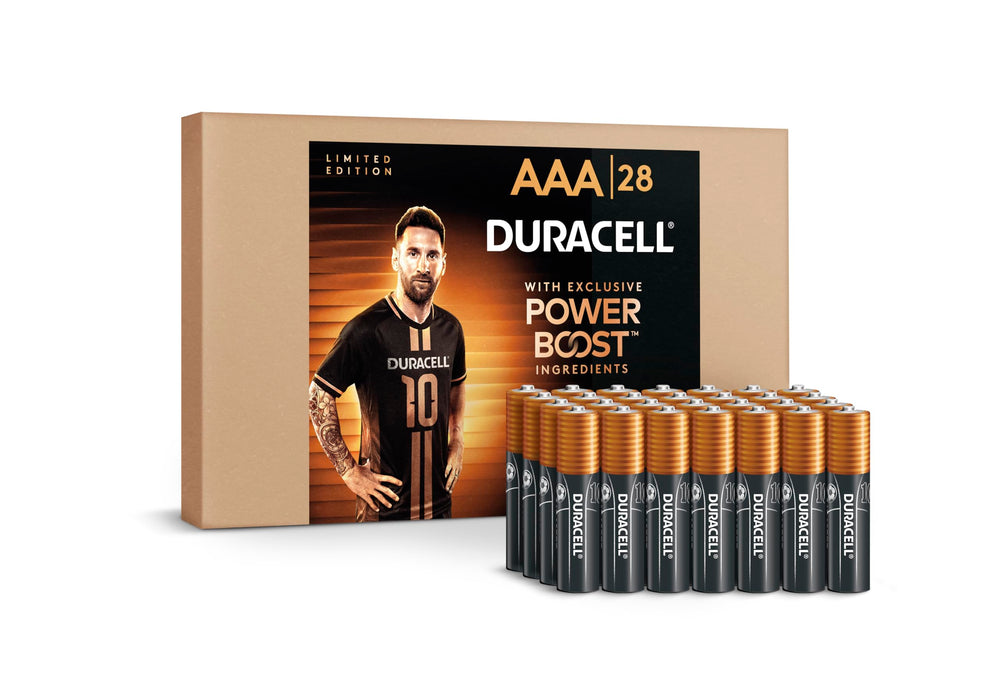 Duracell pack frontal edición Messi mostrando 28 pilas y diseño coleccionable