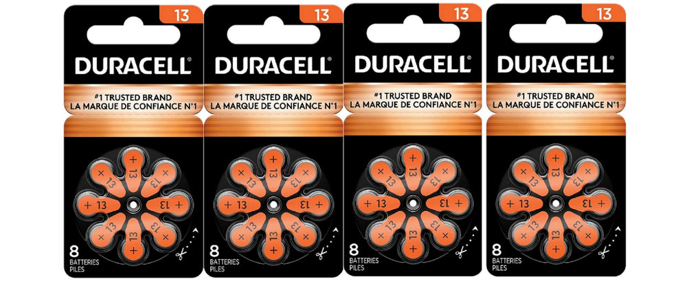 Duracell paquete frontal tamaño 13 mostrando cantidad y color naranja, fácil elección