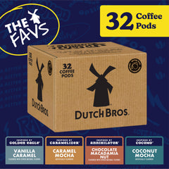 Dutch Bros cápsulas dispuestas ilustrando los cuatro sabores incluidos