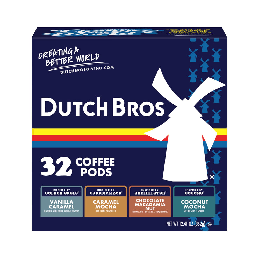 Dutch Bros pack frontal mostrando las 32 cápsulas y variedad de sabores