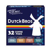 Dutch Bros pack frontal mostrando las 32 cápsulas y variedad de sabores