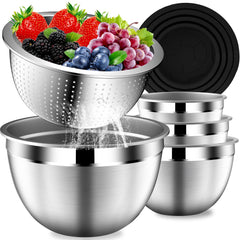 DUTZUN front view of the black stainless steel bowl set highlighting included lids and colander for organized prep