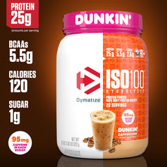 Vaso con batido Dymatize ISO100 cappuccino listo para beber, recuperación cómoda