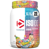 Dymatize ISO100 front tub showing birthday cake label and benefits