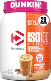Dymatize ISO100 envase frontal cappuccino, embalaje claro y profesional