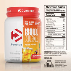 Dymatize ISO100 Clear etiqueta con información nutricional y beneficios visibles