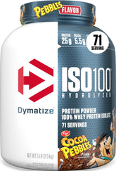 Dymatize ISO100 Cocoa Pebbles front packaging showing product benefit fast-absorbing protein