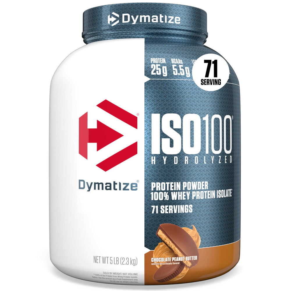 Dymatize ISO100 front packaging showing tub and flavor for easy identification