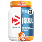 Dymatize bote frontal ISO100 Salty Caramel mostrando envase y beneficio proteína pura