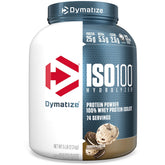 Dymatize ISO100 envase frontal con diseño cookies & cream y información clave