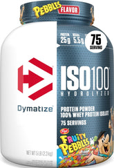 Dymatize front can showing Fruity Pebbles flavor and nutrition benefits