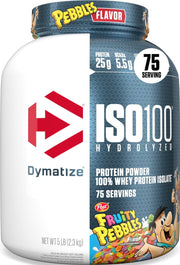 Dymatize front can showing Fruity Pebbles flavor and nutrition benefits