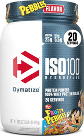 Dymatize ISO100 front tub showing Fruity Pebbles flavor and protein facts benefit
