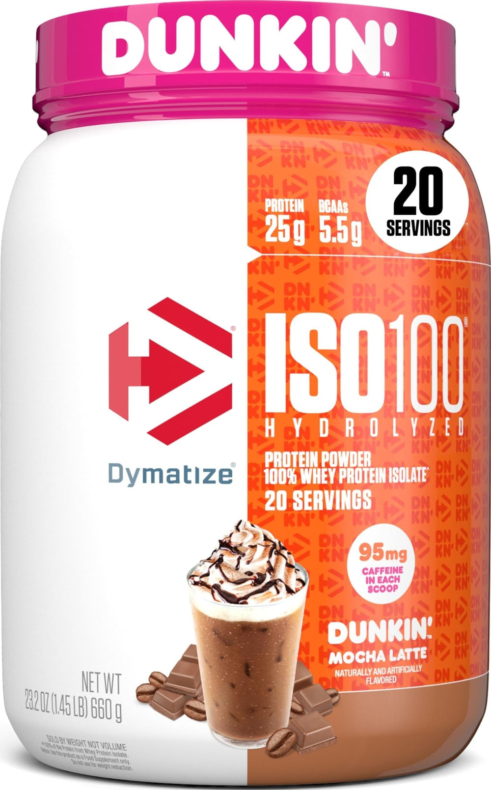 Dymatize ISO100 front tub showing label and benefits for quick purchase