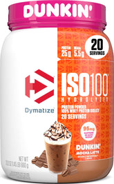 Dymatize ISO100 front tub showing label and benefits for quick purchase