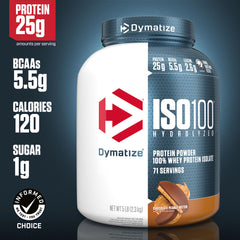 Dymatize ISO100 scoop close-up highlighting fine powder and quick dosing benefit