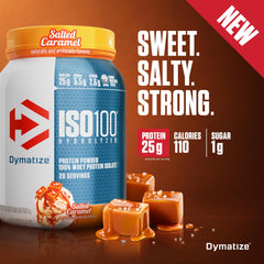 Dymatize textura del polvo Salty Caramel mostrando finura y mezcla rápida