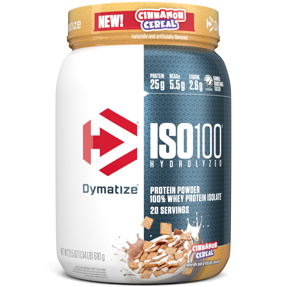 Dymatize ISO100 vista frontal del envase mostrando sabor Cinnamon Cereal y limpieza visual