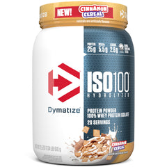 Dymatize ISO100 vista frontal del envase mostrando sabor Cinnamon Cereal y limpieza visual