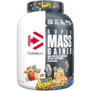 Dymatize Super Mass Gainer frontal mostrando envase y sabor Fruity Pebbles, ideal para ganancias