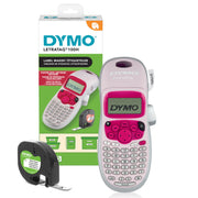 DYMO LetraTag LT-100H front view showing compact pink design and display, ideal for portability