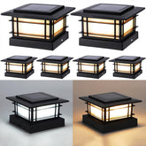 Dynaming front view of six black post cap lights showing modern design and bright curb appeal