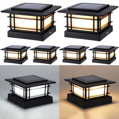 Dynaming front view of six black post cap lights showing modern design and bright curb appeal