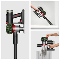 Dyson V8 converted to handheld mode cleaning upholstery for easy high-up and tight-spot access