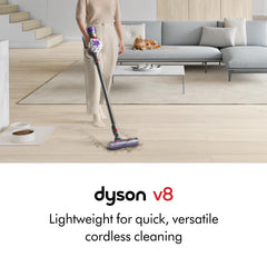 Dyson V8 Motorbar cleaner head close-up demonstrating de-tangling action for hair