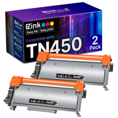 E-Z Ink front packaging showing two TN450 cartridges and compatibility list for quick benefit