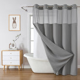 eachope front view of grey shower curtain showing full design and easy installation benefit